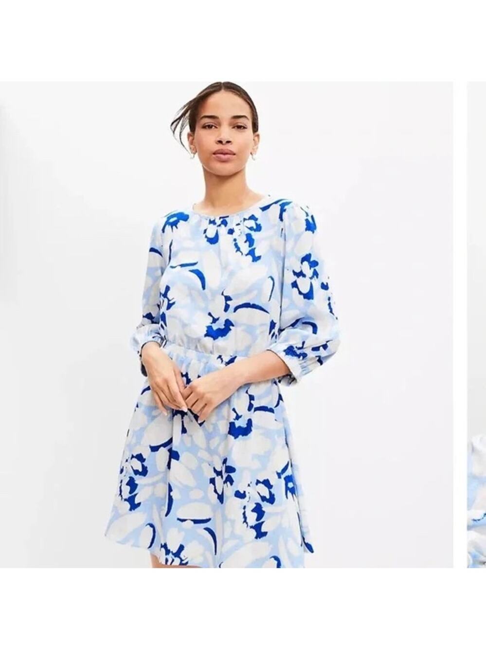 Loft NWT Women's Brushed Daisy Balloon Sleeve Flare Dress Blue Size S